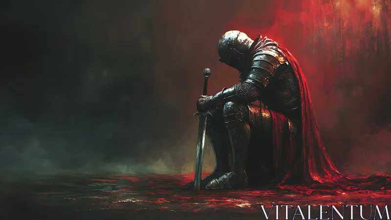 Digital painting of kneeling armored knight in red-lit void.