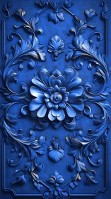 Ornate cobalt blossom relief swirling in baroque midnight blue.