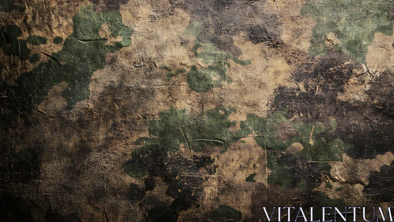 Textured camouflage surface with distressed multitone patina.
