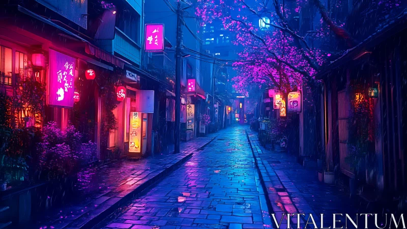 Neon rain polishes a cherry blossom alley into electric hush