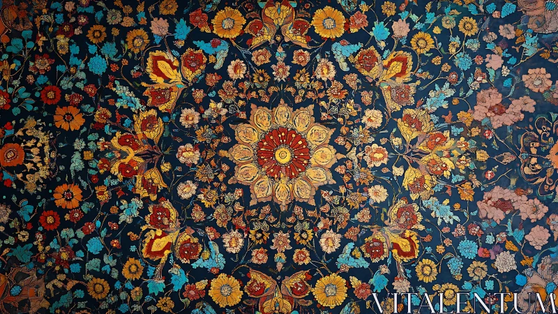 Intricate floral mandala pattern on rich dark blue field.