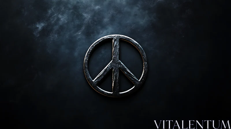 Metallic peace symbol on dark textured background surface.