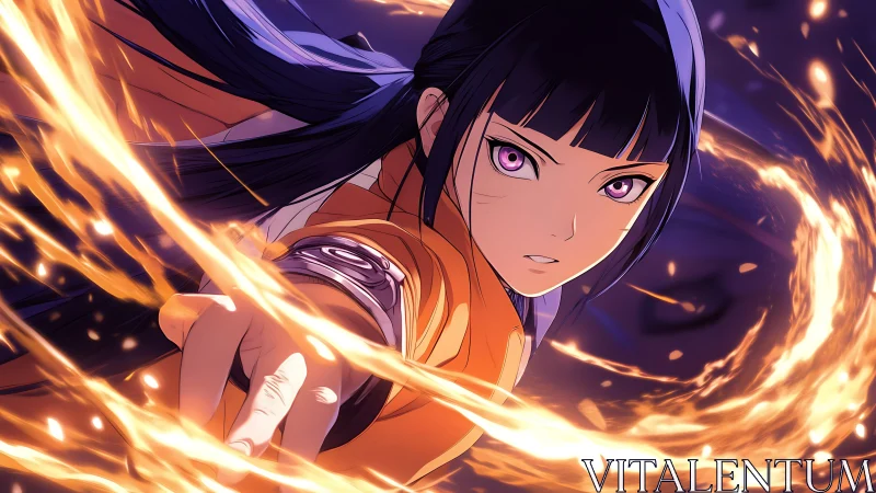 Fiery-eyed heroine bending swirling rings of light.