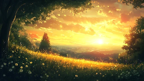 Wildflower hillside leans into a honeyed, horizon-wide sunset