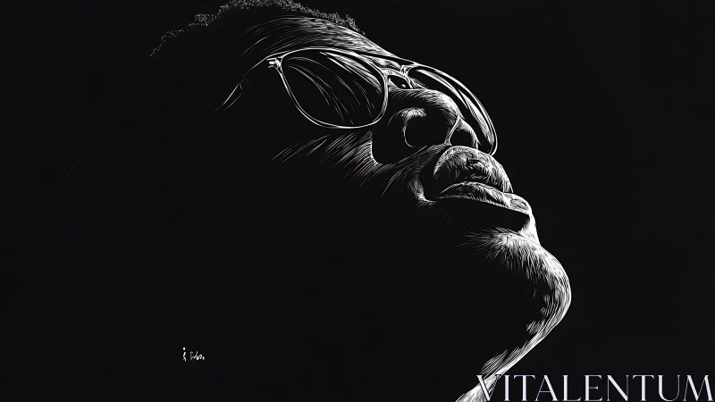 Monochrome line portrait depicts upward facing sunglass wearer