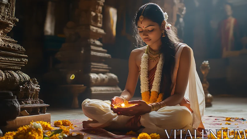 Young woman performing traditional prayer in ancient temple, soft light.