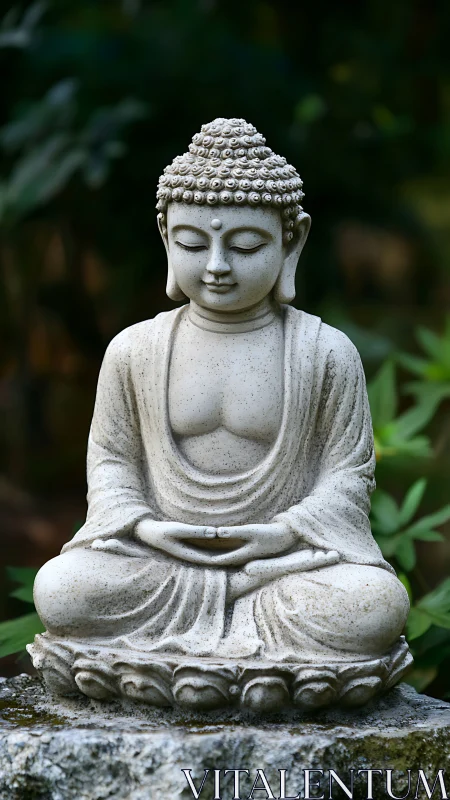 Photorealistic stone Buddha sculpture in meditative garden setting.