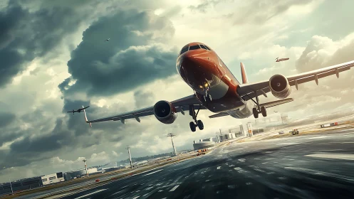 Dramatic airliner touchdown under stormy airport skies.