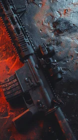 Rusted Rifle with Flame. Industrial Decay.