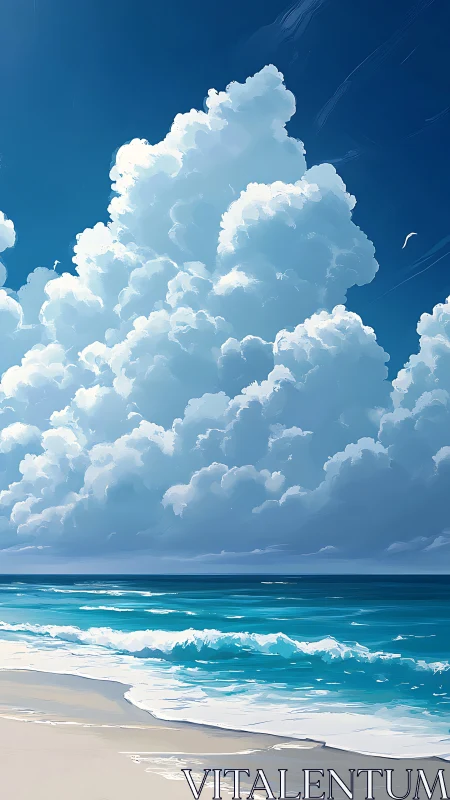 Billowing summer clouds rise above a tranquil turquoise shore