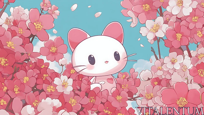 Sweet pink cat peeks out from a sea of cheerful blossoms