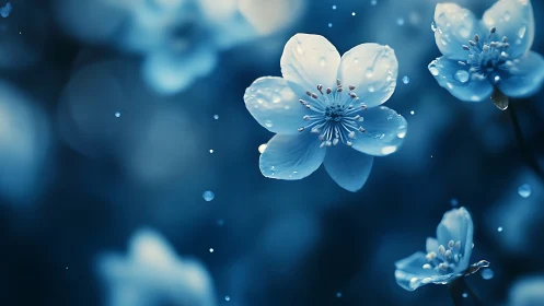 Blue flowers covered in water droplets against dark blurred background