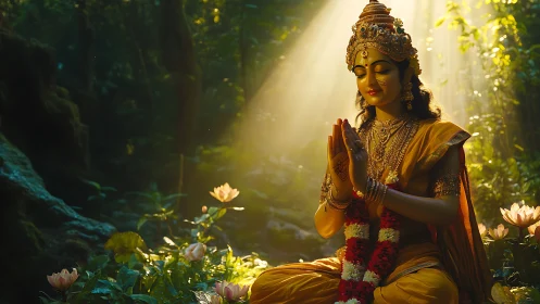 Golden goddess meditates in sunlit forest sanctuary of peace