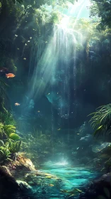 Sunlit jungle waterfall over glowing turquoise pool.