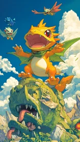 Digital painting of triumphant dragon hatchling on monster peak.