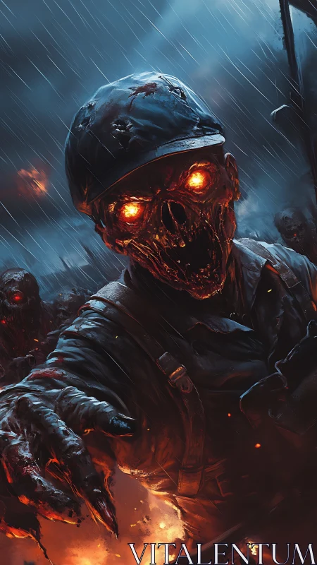 Haunting fiery-eyed soldier strides through stormy chaos.
