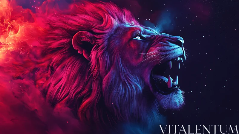 Stellar firemane lion roaring through galactic neon night.