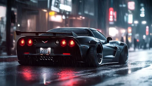 Sleek sports car glows under neon rain on a wet city street