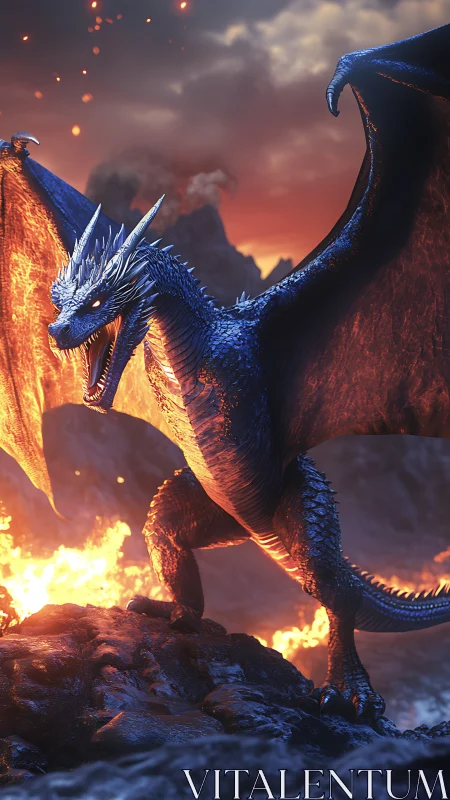 Blue-scaled dragon over volcanic terrain at sunset.