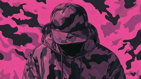 Hooded figure in pink camouflage against abstract backdrop.