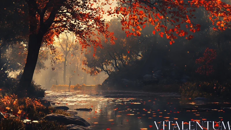 Sunlit autumn river reflects glowing red forest canopy
