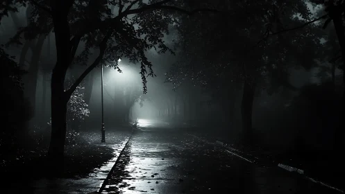 Foggy night park path with single streetlight illumination.