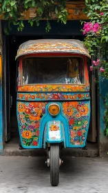 Floral rickshaw stands in a vibrant alleyway doorway