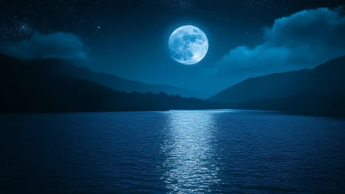 Full moon over tranquil lake with glowing blue reflection.