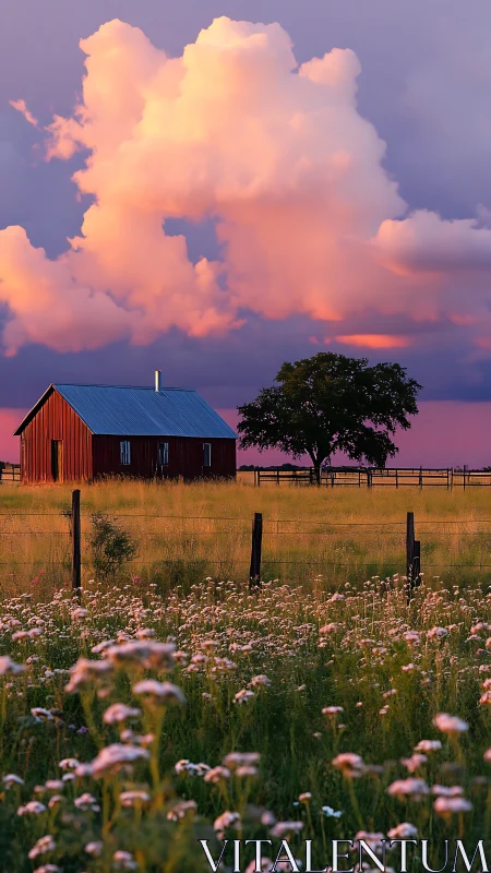 Red barn stands in sunset field under large glowing clouds