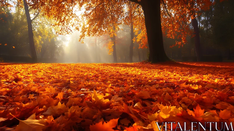 Autumn sunriver beneath a copper-canopy woodland floor.