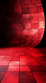 Curved red tiled wall and floor in stark abstract space.