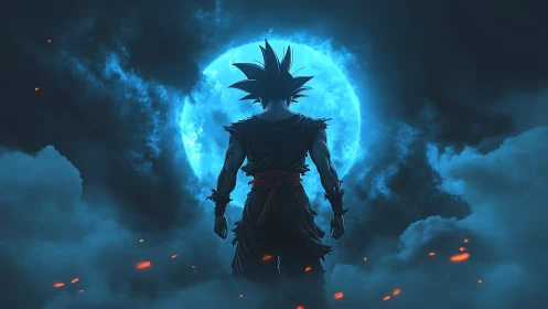 Silhouetted warrior figure before full moon in blue clouds.