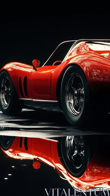 Red vintage sports car side view with reflective wet surface.