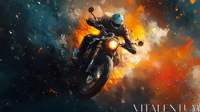 Motorcyclist speeds through explosive abstract colors.