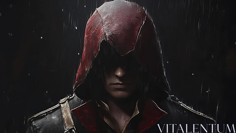 Rain-soaked hooded sentinel in dramatic low-key lighting.