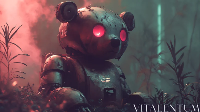 Rustic robotic bear with illuminated eyes in misty forest.