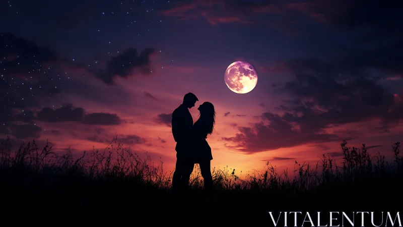 Silhouetted Couple Under Full Moon at Twilight.