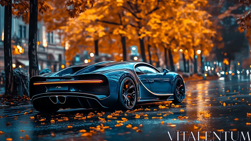 Blue sports car on wet city street in autumn evening scene.