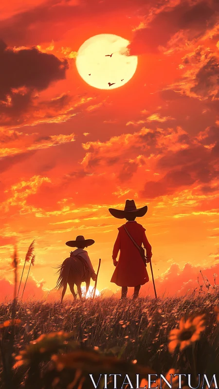 Cinematic sunset wanderers under amplified solar luminance.