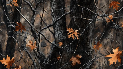Autumn oak leaves cling to dark bark and tangled branches.