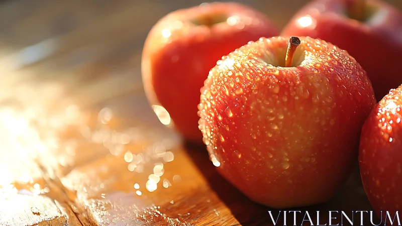 Sunlit dewy apples rest on a rustic wooden table surface.
