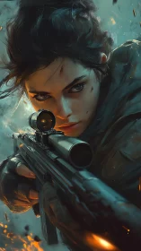 Focused female sniper aiming rifle in battle scene.