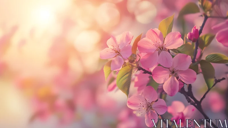 Pink Blossoms on Branch with Soft Bokeh Background.
