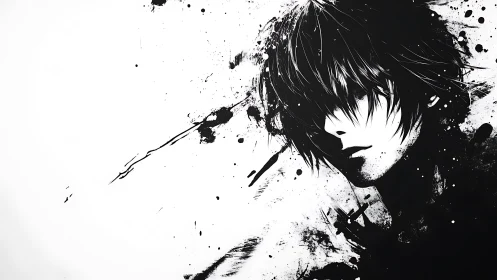 Ink-splattered monochrome portrait shows brooding anime youth
