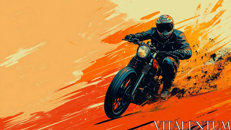 Motorcycle rider advances through stylized orange motion field