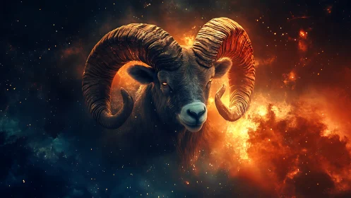 Cosmic ram head burns against vivid nebula background