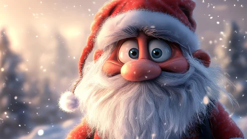 Warm-hearted cartoon Santa smiles in a softly falling snow