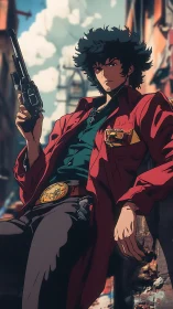 Streetwise gunslinger in crimson coat owns the alleyway twilight.