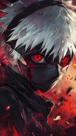 Masked white haired warrior with glowing red eyes, blazing chaos