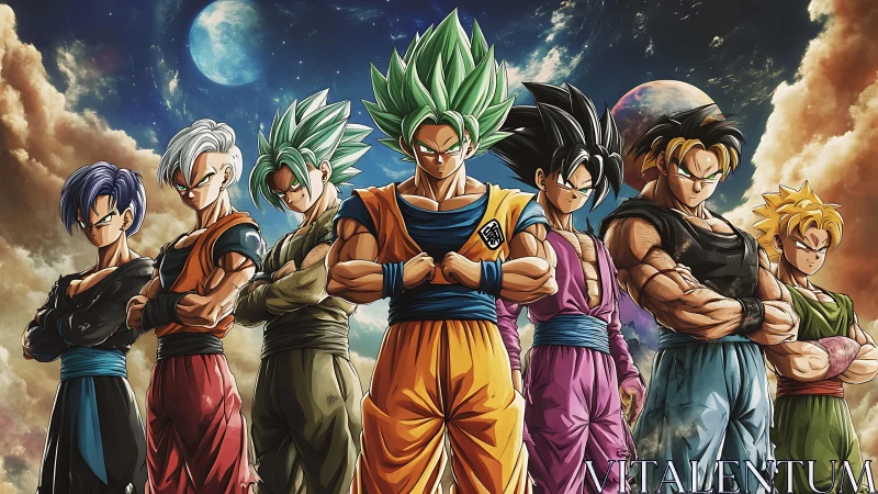 Seven anime warriors stand aligned beneath vivid cosmic sky